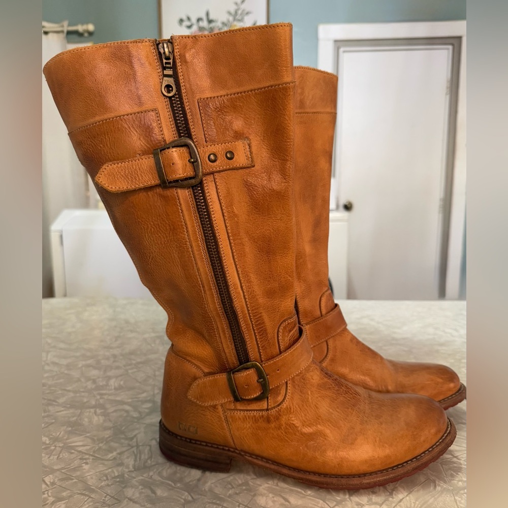 Bed Stu Gogo Lug Wide Calf Tall Leather Boots Tan Brown